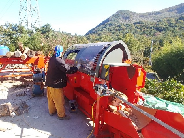 Firewood processing operation with a mountain backdrop
